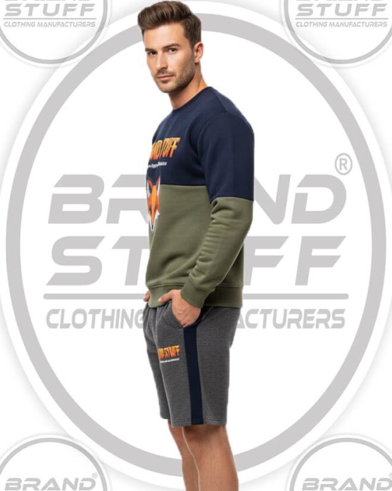 Wholesale Men's Color Block Crewneck & Fleece Shorts Set