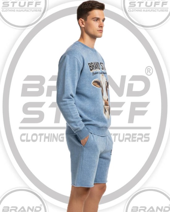 Wholesale Men's Light Blue Acid Wash Fleece Shorts Set